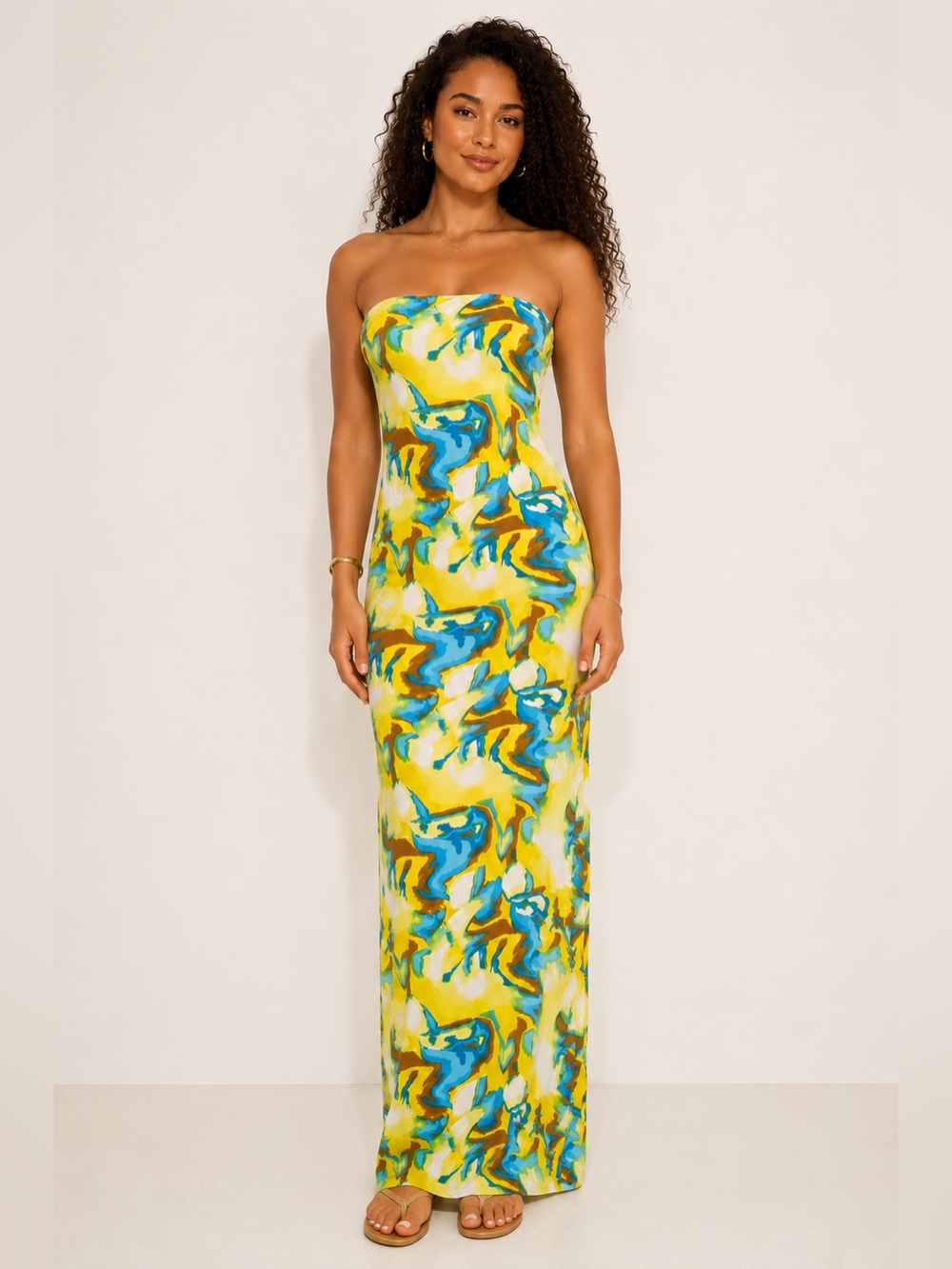Almost Famous Strapless Abstract Print Maxi Dress Yellow Blue Size M